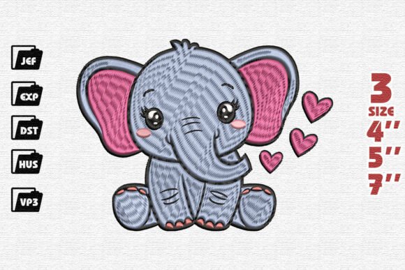 Cute Baby Elephant with Hearts Embroidery Design