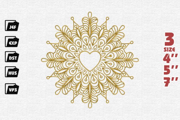 Lacy Golden Heart Mandala Embroidery Design